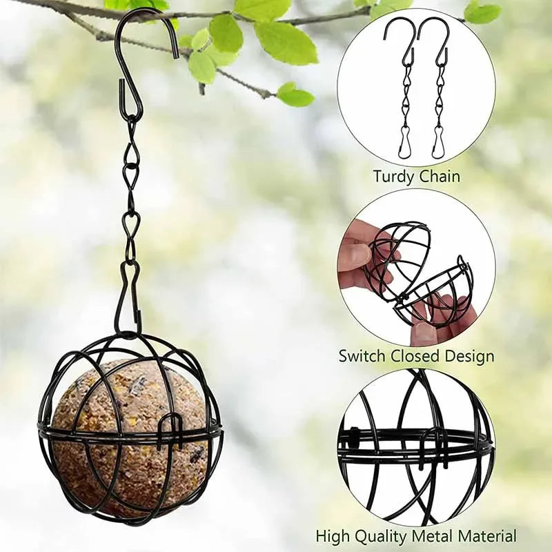 The suet ball feeder showing its chain, hinged opening and wire construction