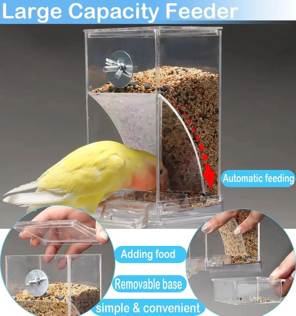 No-mess cage feeder showing the lift-off lid and removable base