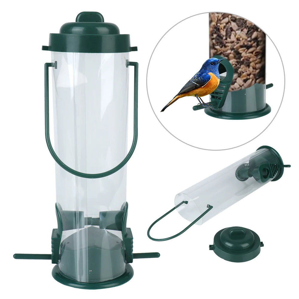 Green tube seed feeder shown assembled and taken apart