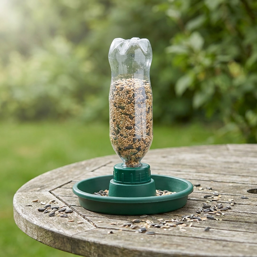 Green bird feeder tray with a clear bottle of seed mounted upside down, on a garden table