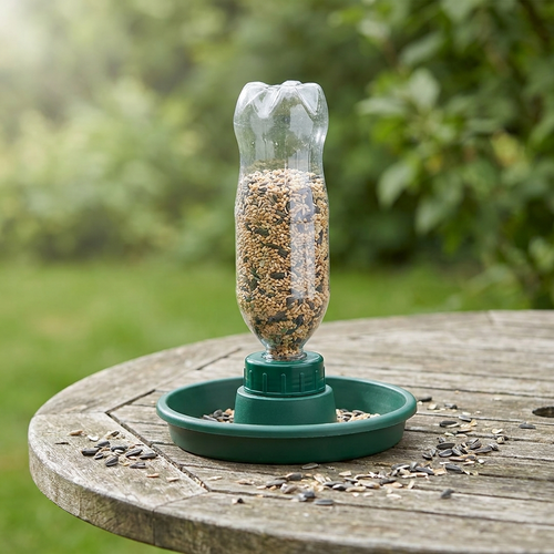Green bird feeder tray with a clear bottle of seed mounted upside down, on a garden table