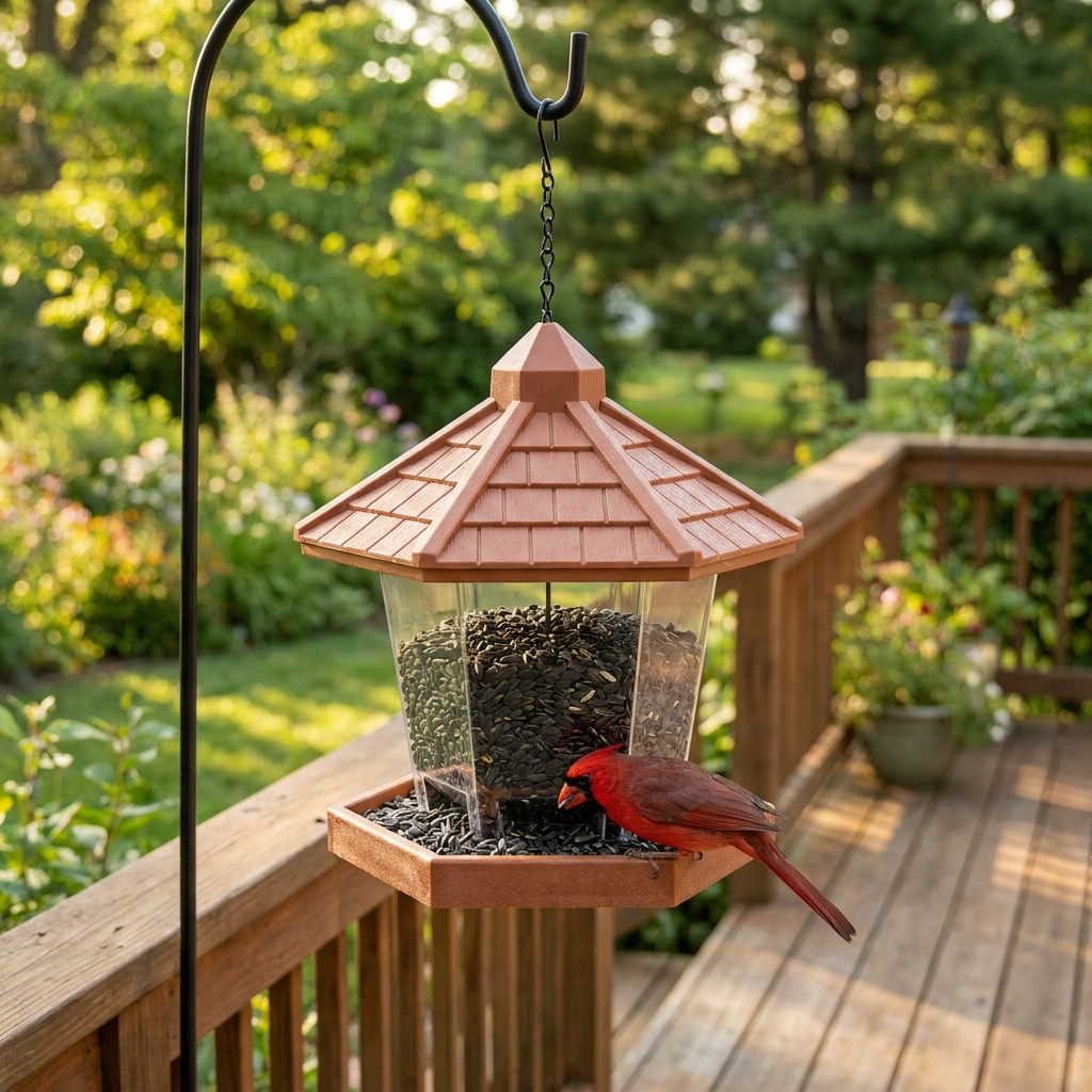 Gazebo bird feeder on a back porch with a red cardinal perched on the tray