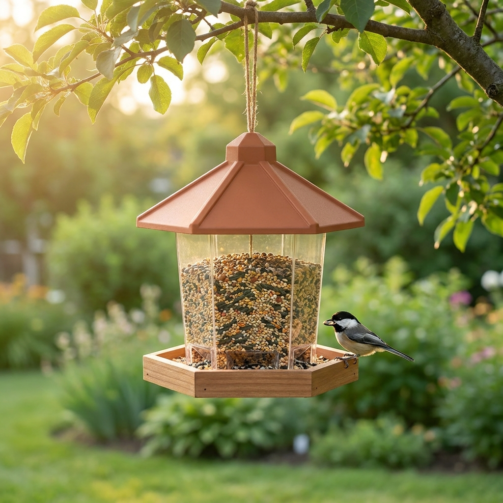 Gazebo hanging bird feeder with a terracotta roof hanging from a tree branch, a chickadee feeding at the tray