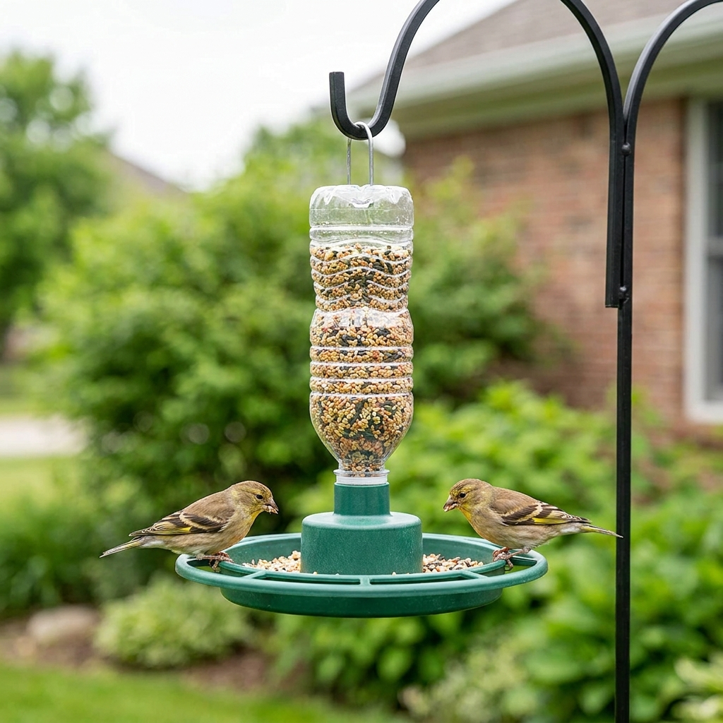 Green bottle-top bird feeder hanging from a garden hook with two finches feeding at the tray