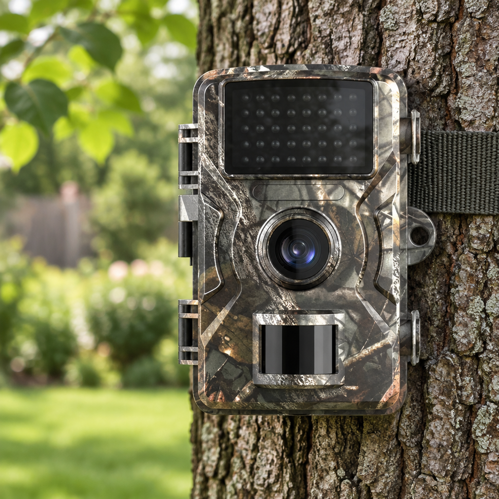 Camouflage trail camera strapped to an oak trunk in a backyard