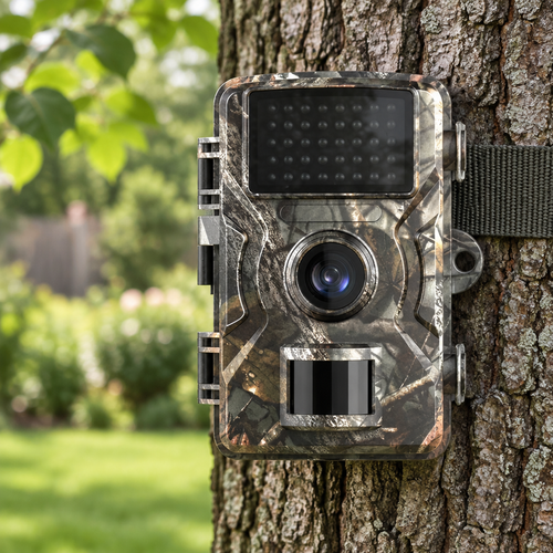 Camouflage trail camera strapped to an oak trunk in a backyard