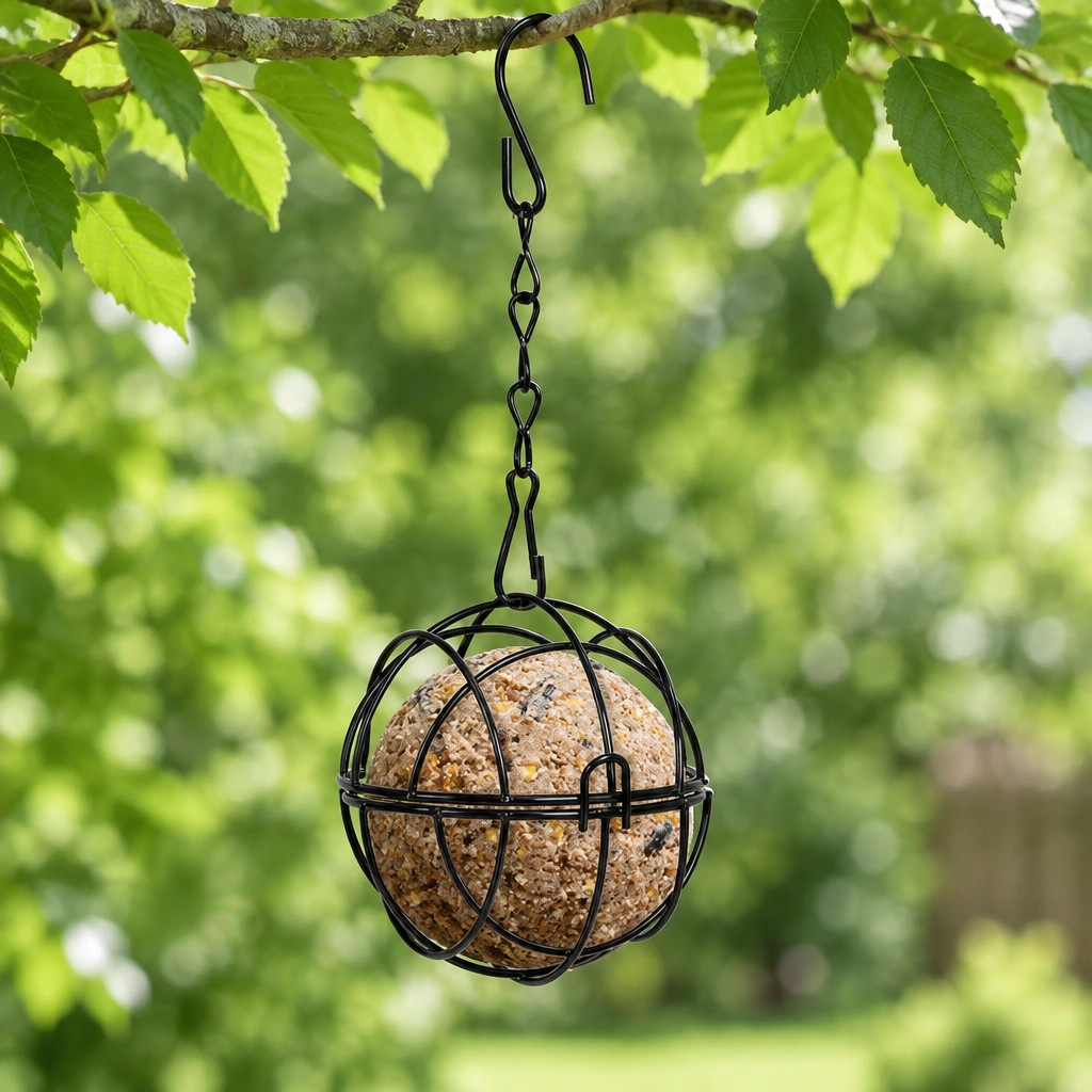 Black wire sphere suet ball feeder hanging from a branch with a fat ball inside