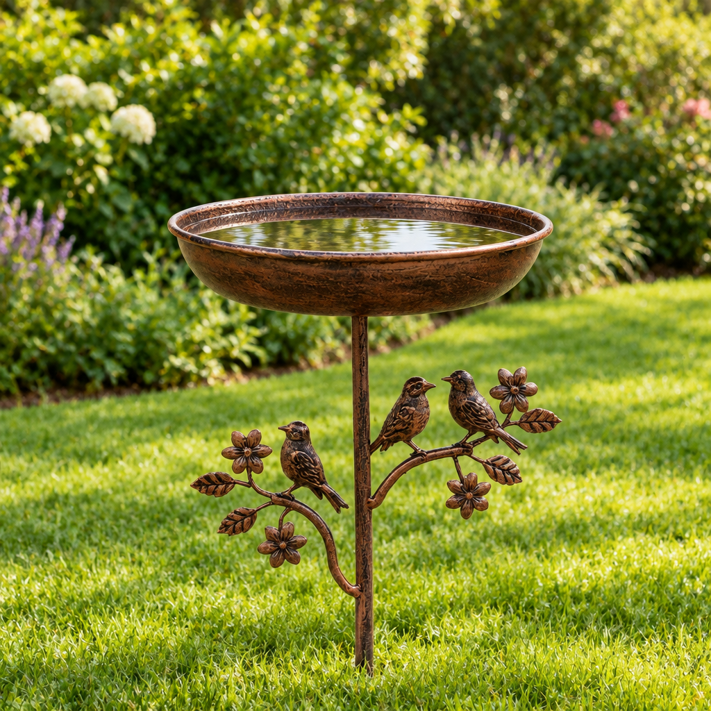 Cast-iron standing bird bath on a lawn, filled with water