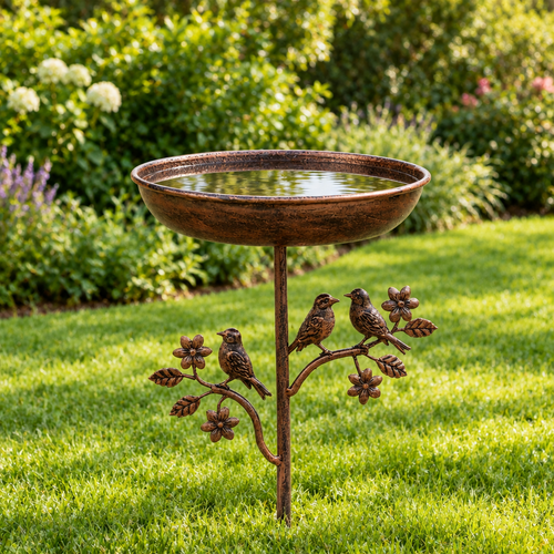 Cast-iron standing bird bath on a lawn, filled with water