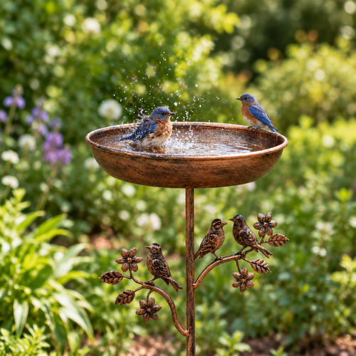 Cast-iron pedestal bird bath in a garden