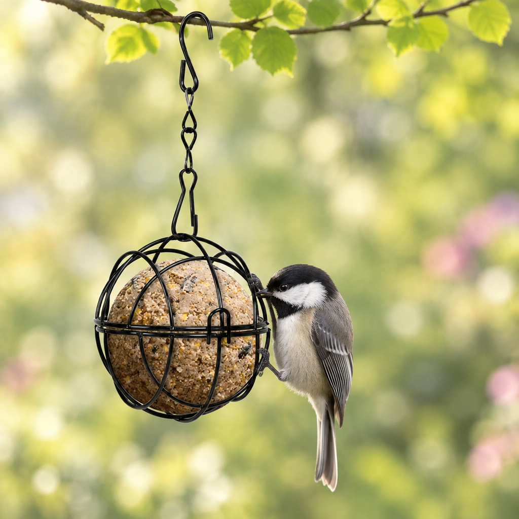 Chickadee clinging to the wire cage of the suet ball feeder
