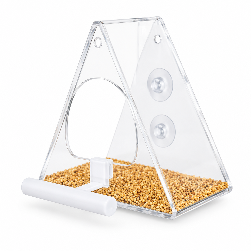 Clear triangular acrylic window bird feeder with suction cups and white perch, filled with seed