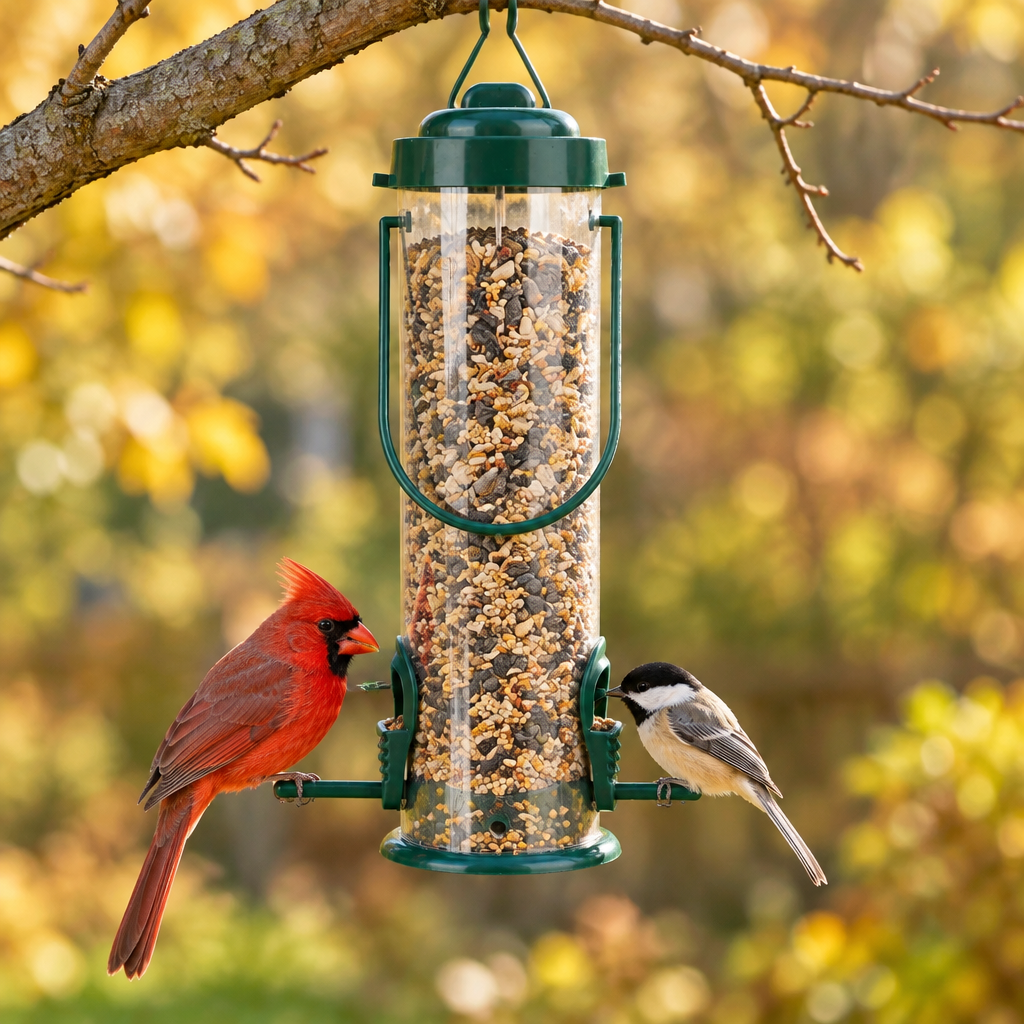 Cardinal and chickadee feeding at the tube seed feeder