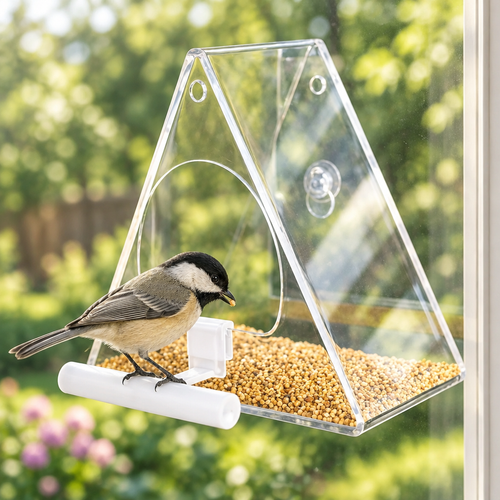 Chickadee feeding at the clear window bird feeder