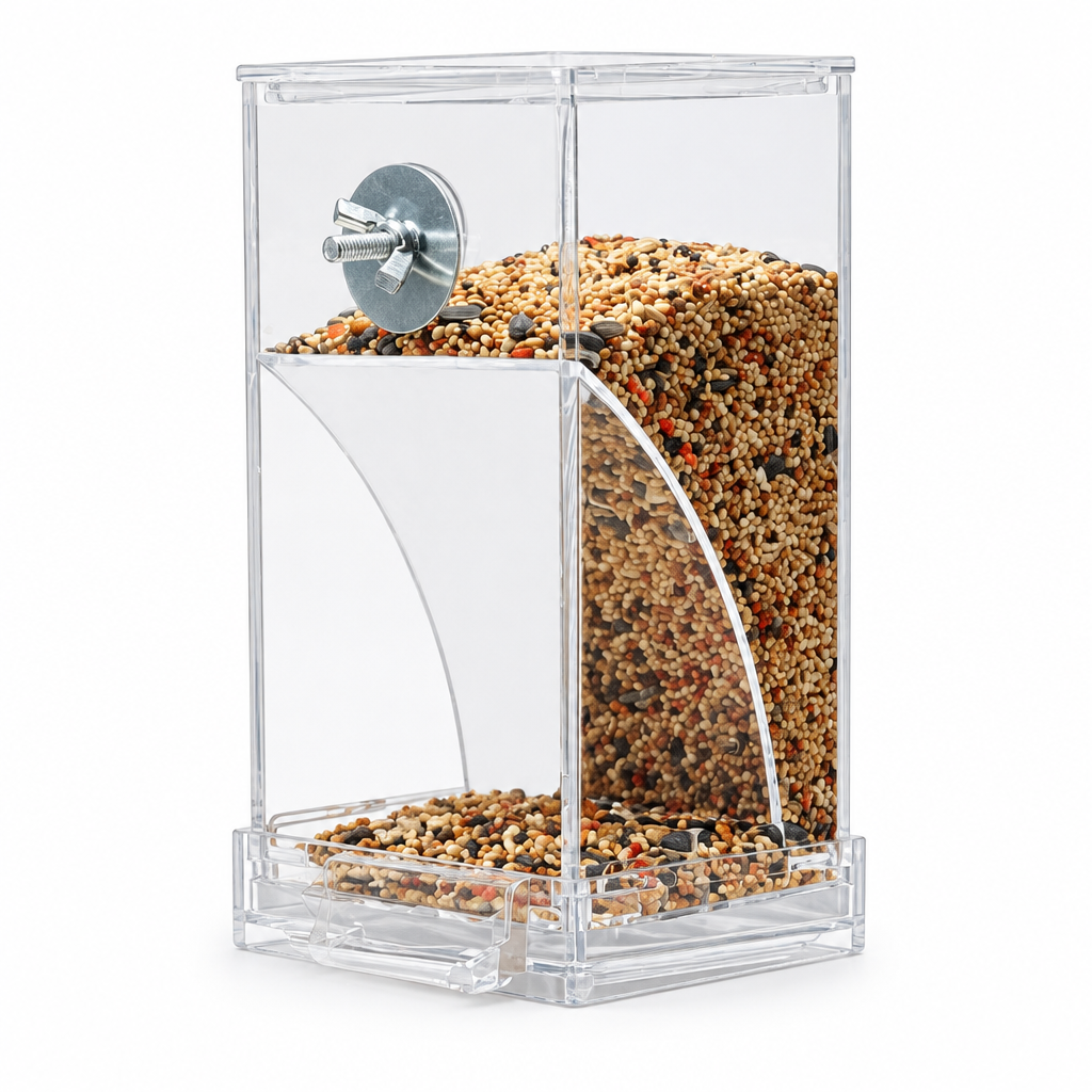 Clear acrylic no-mess cage bird feeder with thumbscrew mount and removable seed tray