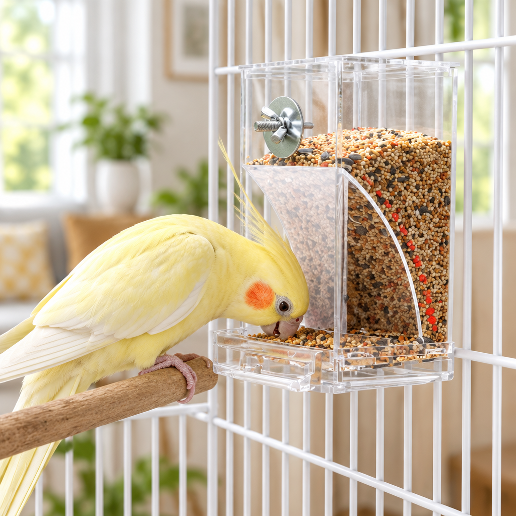 Cockatiel feeding from the no-mess cage feeder mounted inside a birdcage