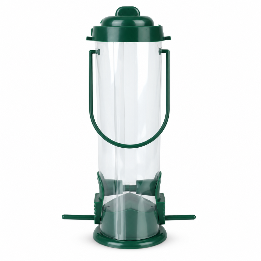 Green tube bird feeder with clear seed chamber, two ports and perches