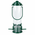 Green tube bird feeder with clear seed chamber, two ports and perches
