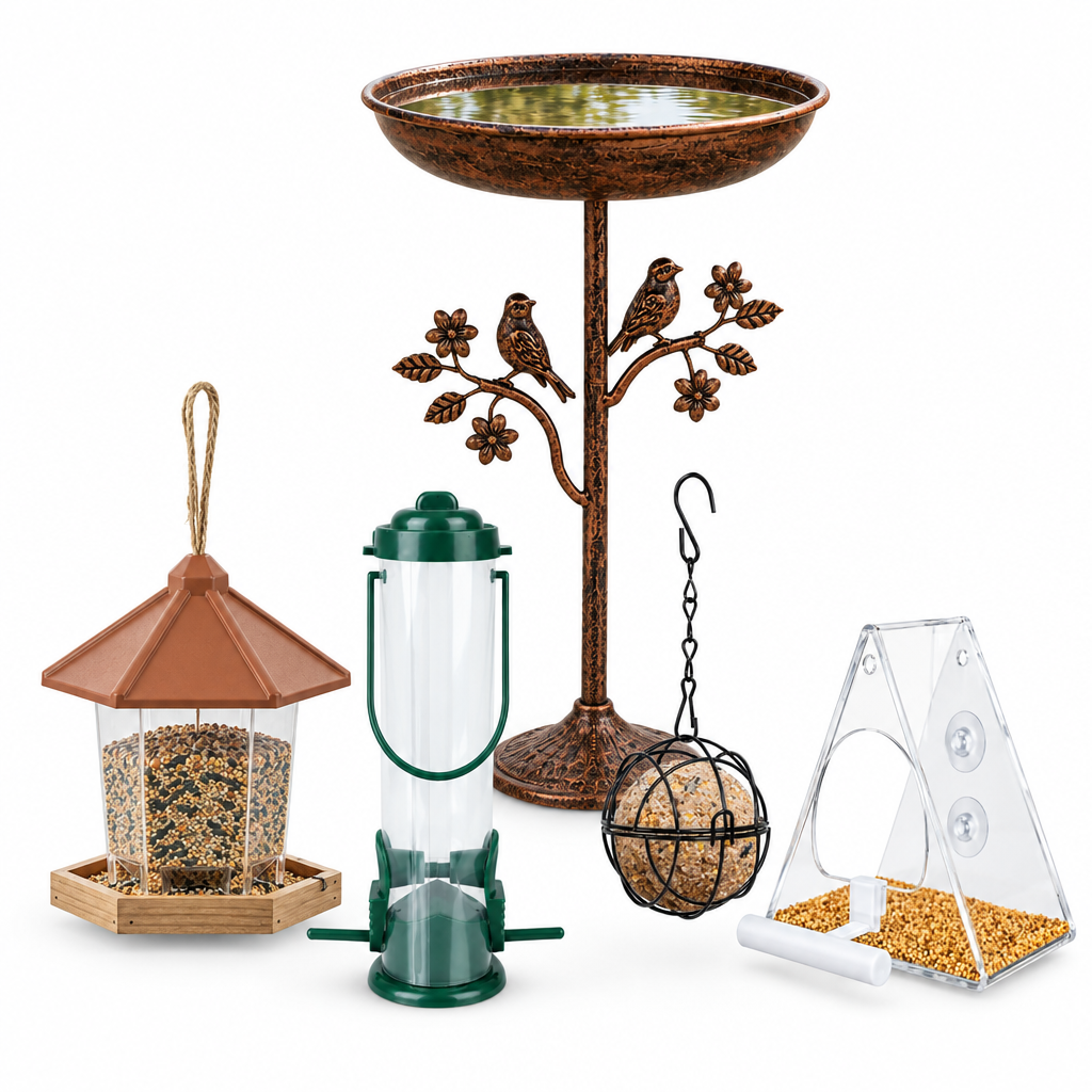 Complete Backyard Kit: cast-iron bird bath, gazebo feeder, tube feeder, suet ball feeder and window feeder