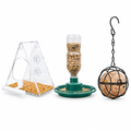 Backyard Starter Kit: clear window feeder, bottle-top feeder and hanging suet ball feeder