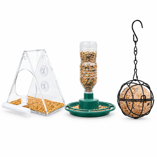 Backyard Starter Kit: clear window feeder, bottle-top feeder and hanging suet ball feeder