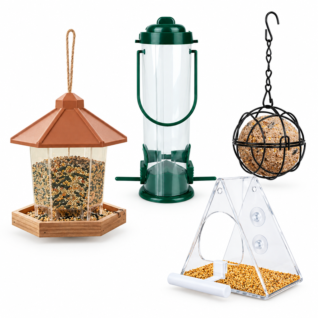 Winter Feeding Kit: gazebo feeder, tube feeder, suet ball feeder and clear window feeder