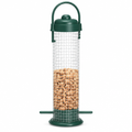 Steel mesh peanut feeder with green lid and base, filled with whole peanuts