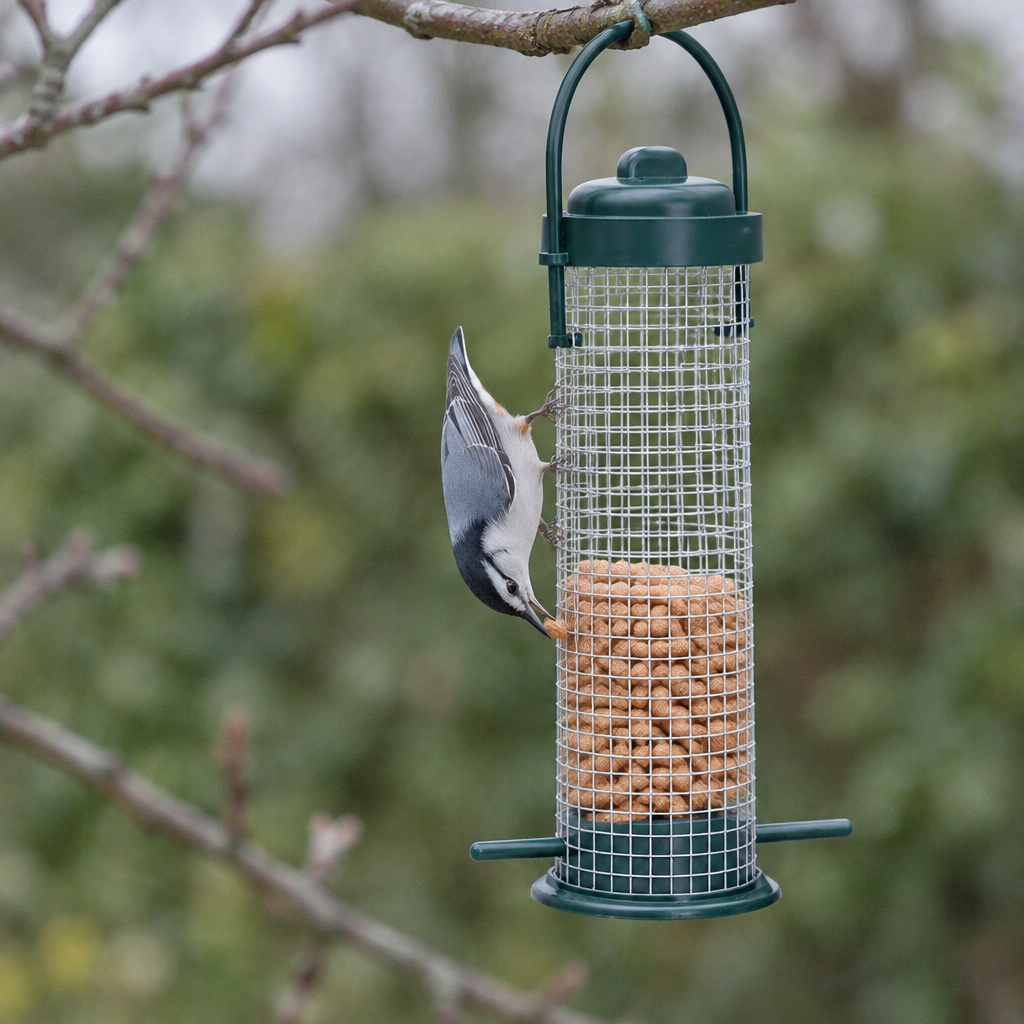 A nuthatch clinging head down to the mesh of the peanut feeder