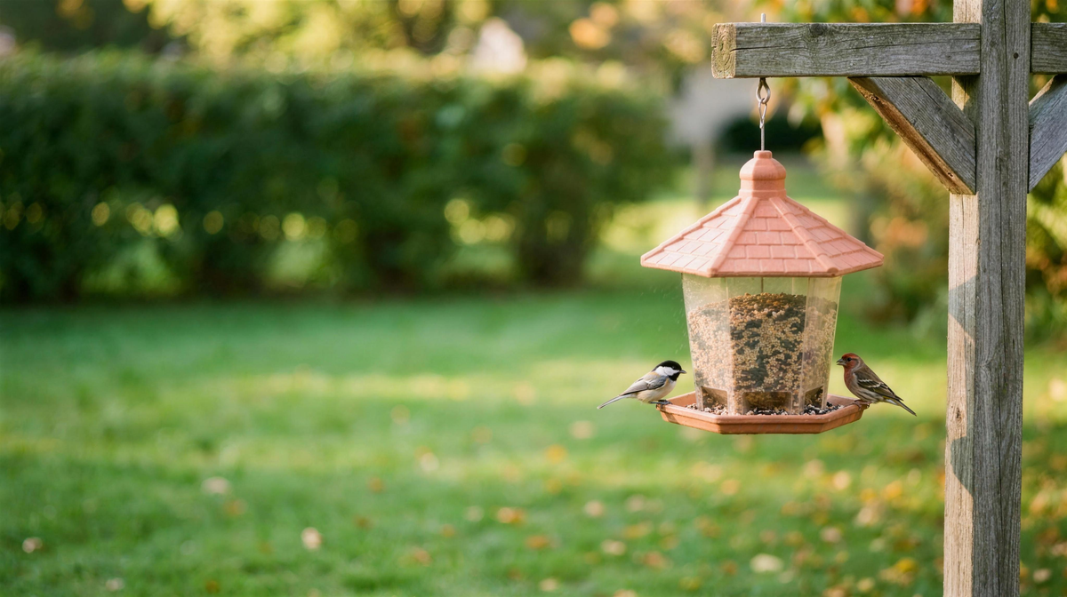 Backyard with a gazebo bird feeder hanging from a post and songbirds feeding